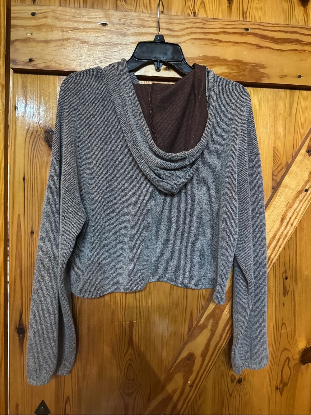 Ginger G Gray/Brown Ribbed Half-Zip Hooded Pullover - Picture 3 of 3